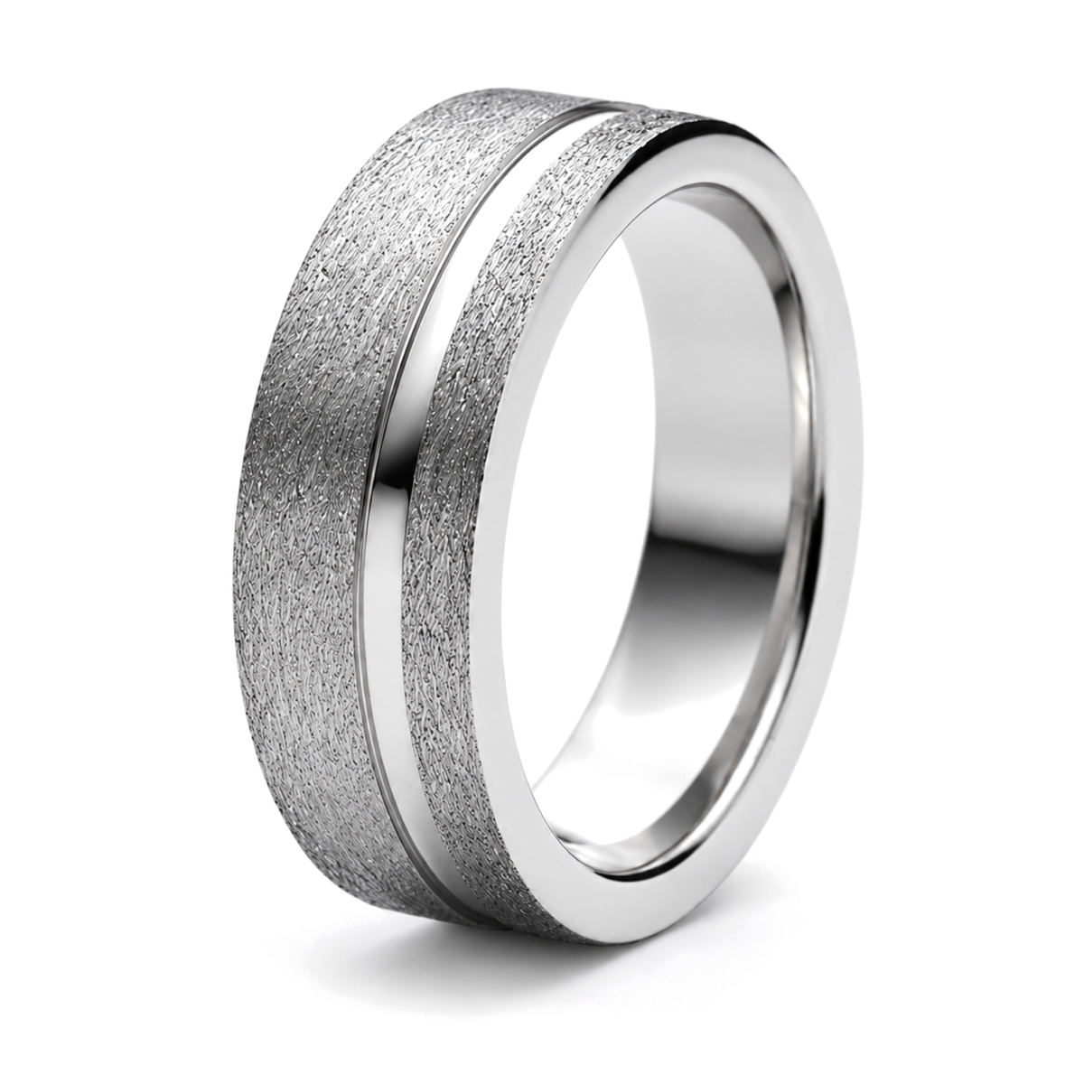A platinum patterned wedding ring with a textured matte finish on the outer surface and a polished reflective edge, shown on a clean white background.