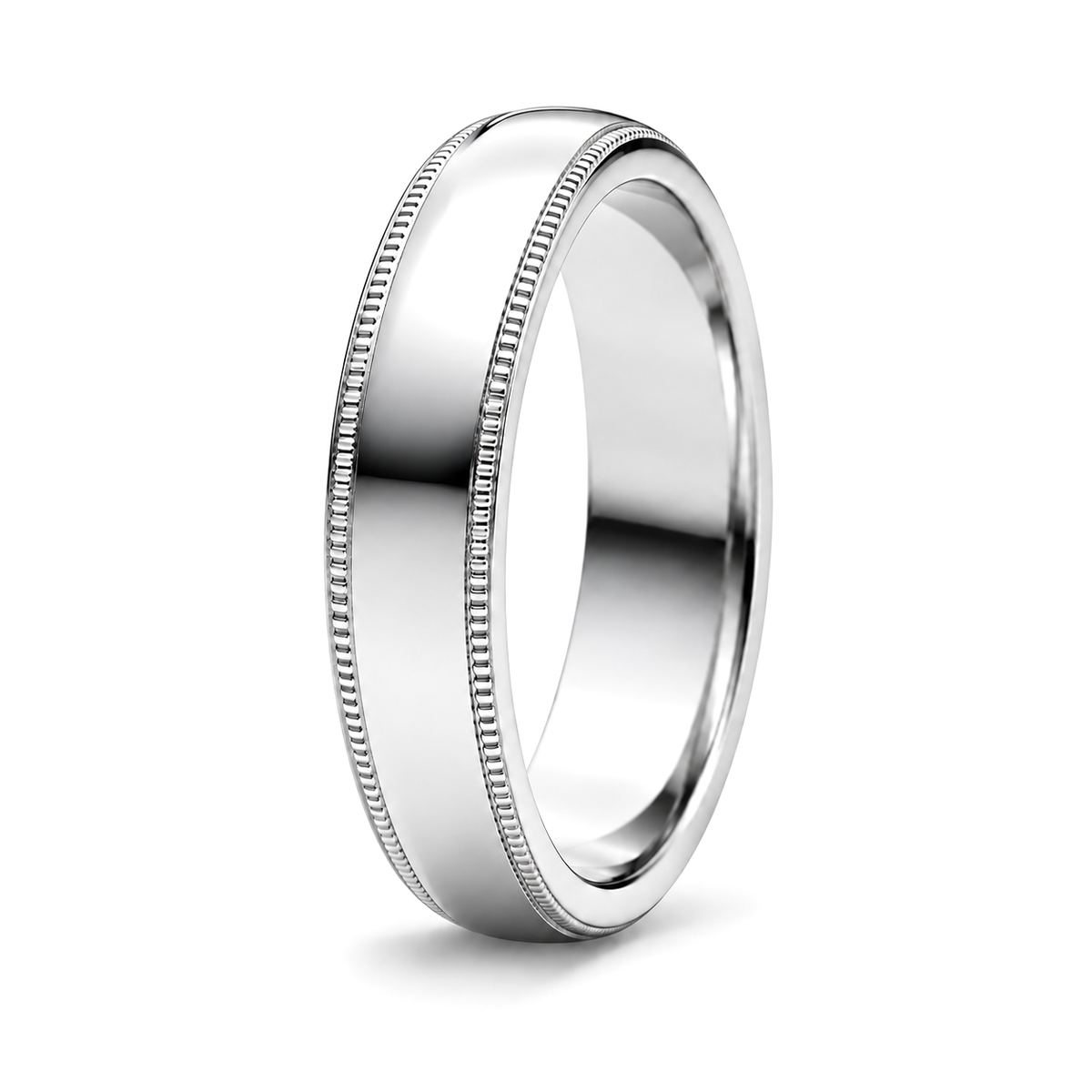 A platinum wedding band with a polished center and a beaded milgrain border on both edges.