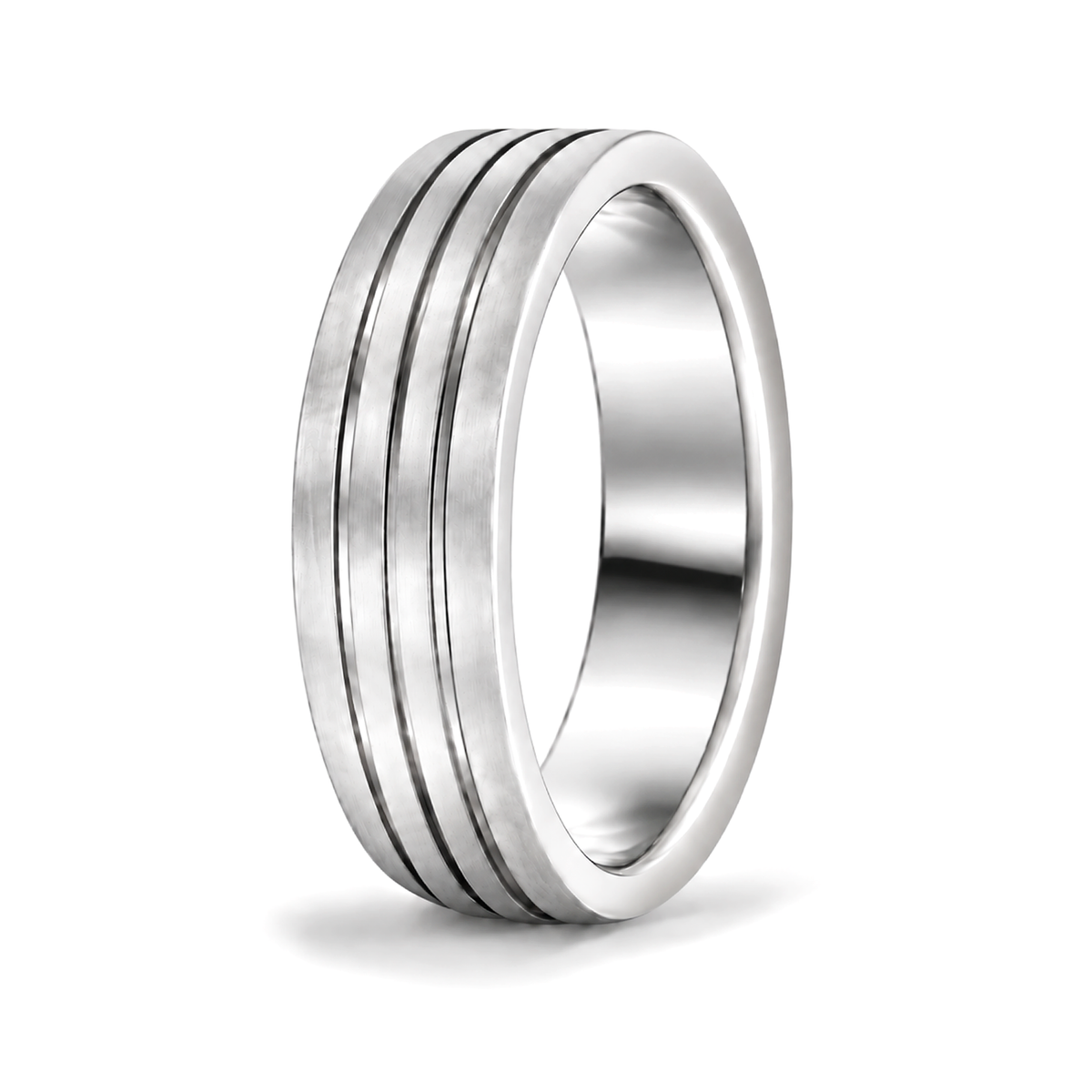 A platinum wedding ring band with three parallel grooved channels.