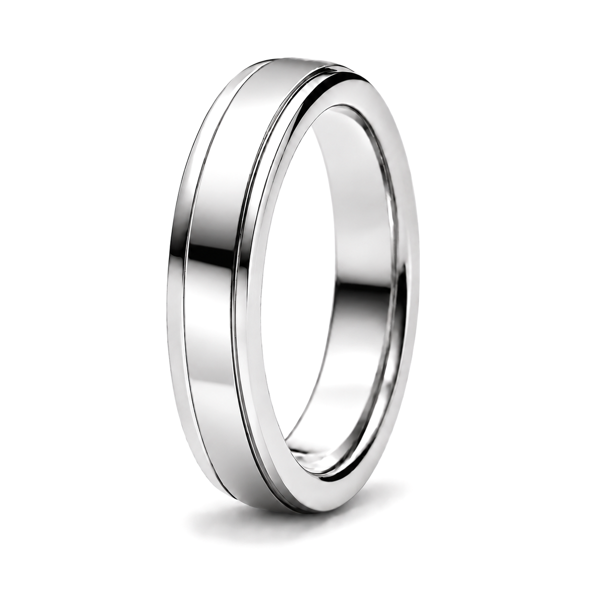 A platinum wedding band with a raised center channel.