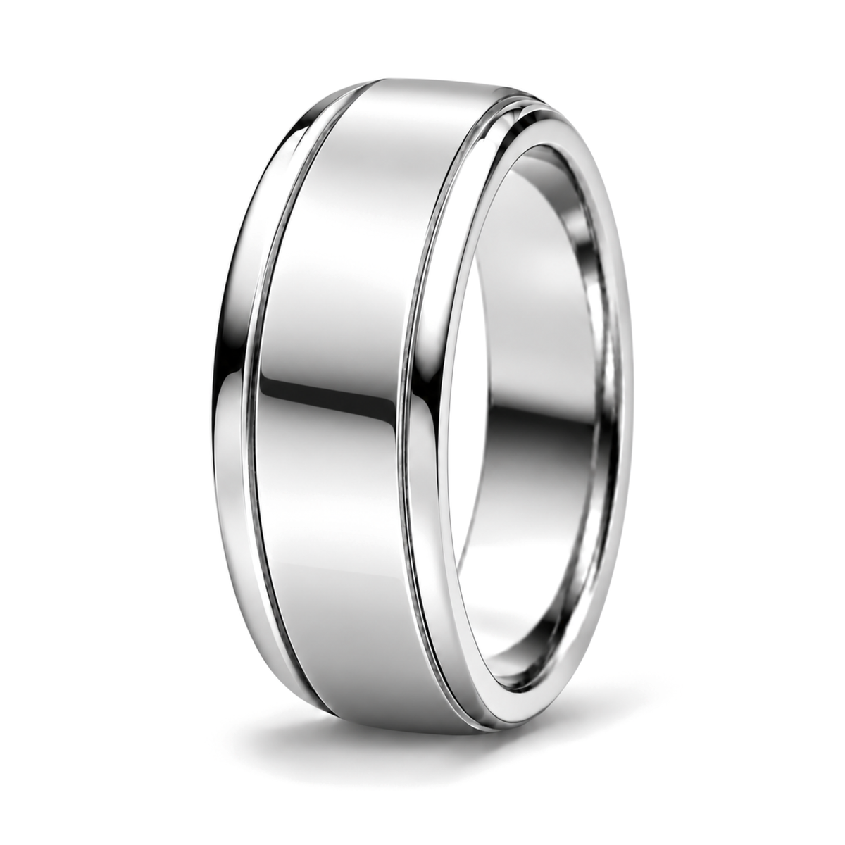 A polished platinum patterned wedding ring with a smooth, reflective finish and beveled edges, shown on a clean white background.