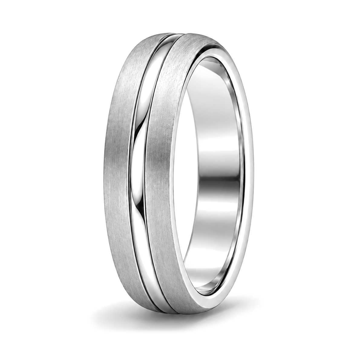 A platinum toned metal band ring with a brushed matte finish on the outer surface and polished beveled edges.