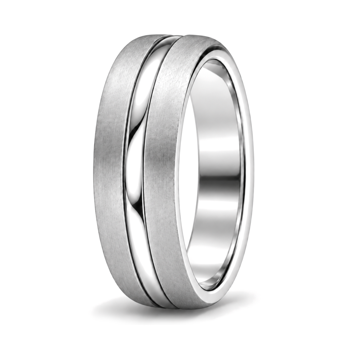 A platinum toned metal band ring with a brushed matte finish on the outer surface and a polished reflective interior.