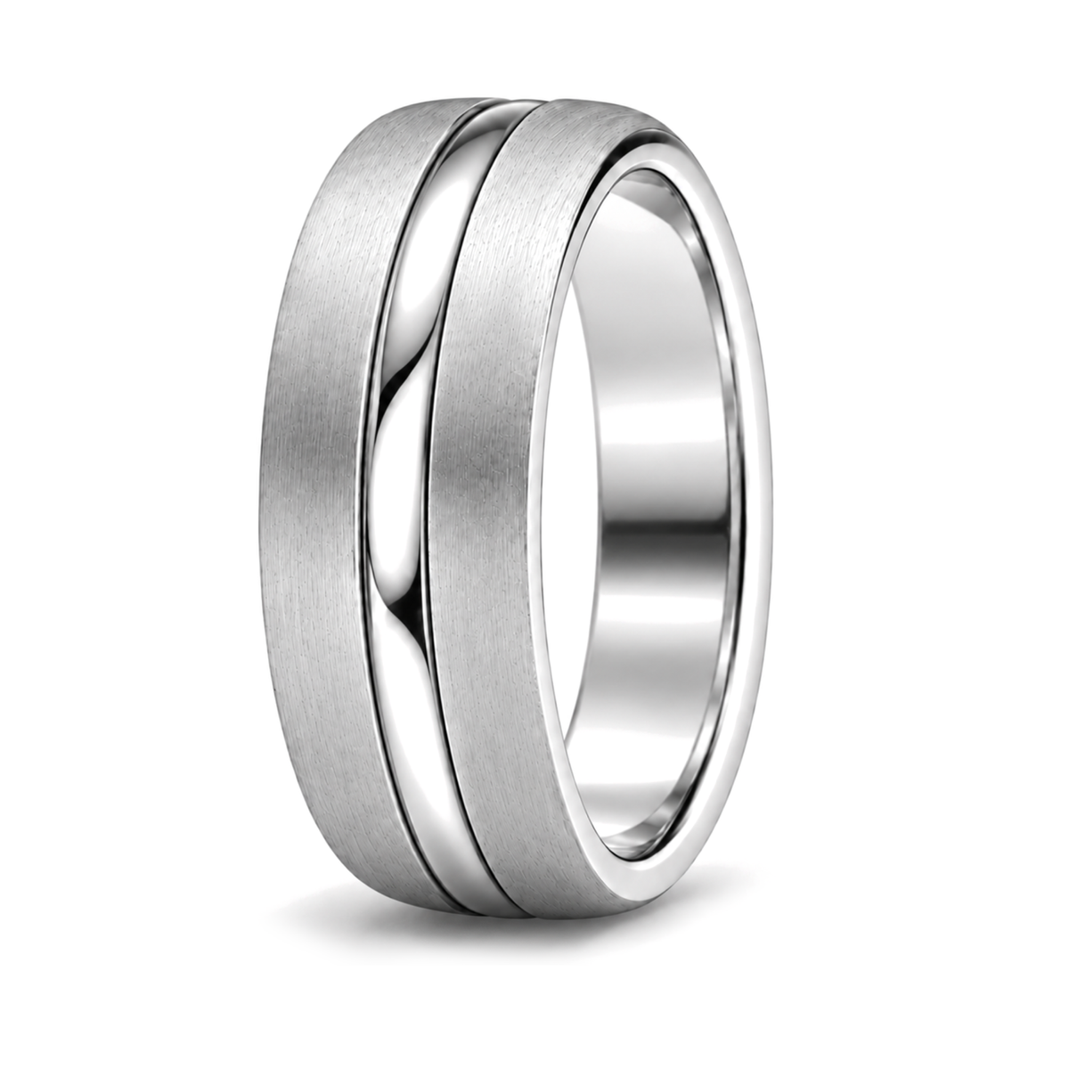 A platinum toned metal ring with a brushed matte finish on the outer band and polished beveled edges.