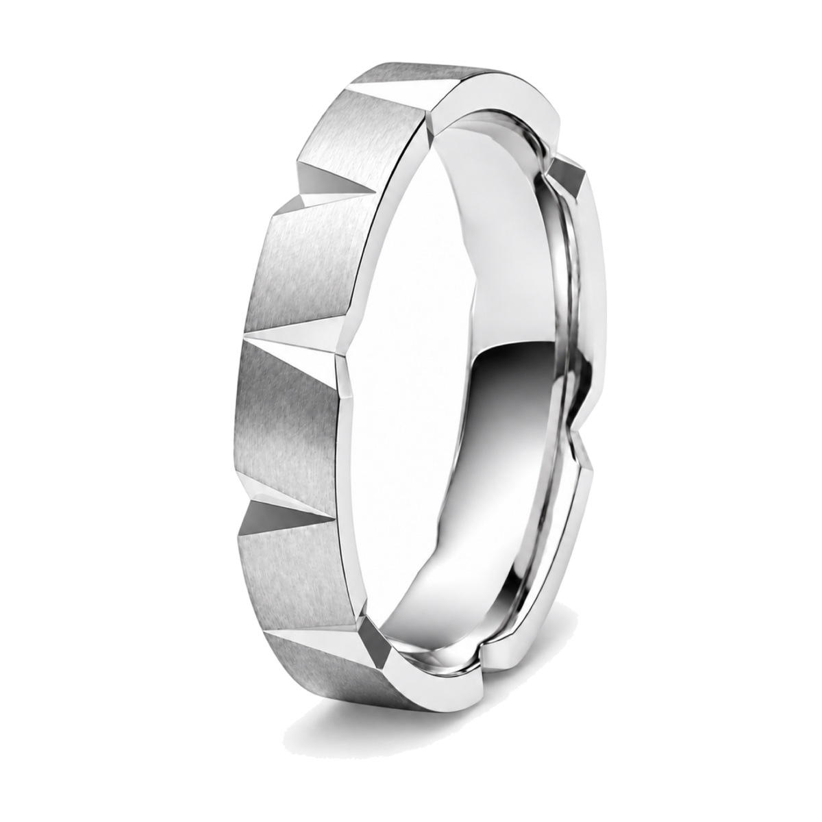 A platinum wedding ring with a brushed and polished finish, featuring a unique faceted triangular pattern on the exterior, shown on a clean white background.