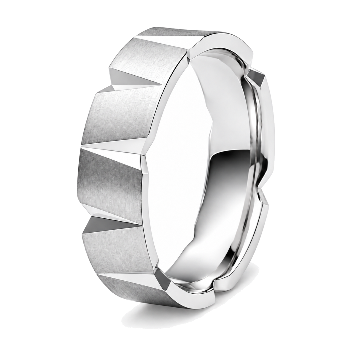 A platinum wedding ring with a brushed and polished finish.