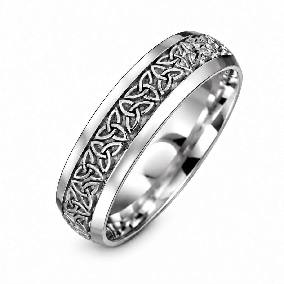 A platinum band ring with a polished finish and an engraved celtic pattern.
