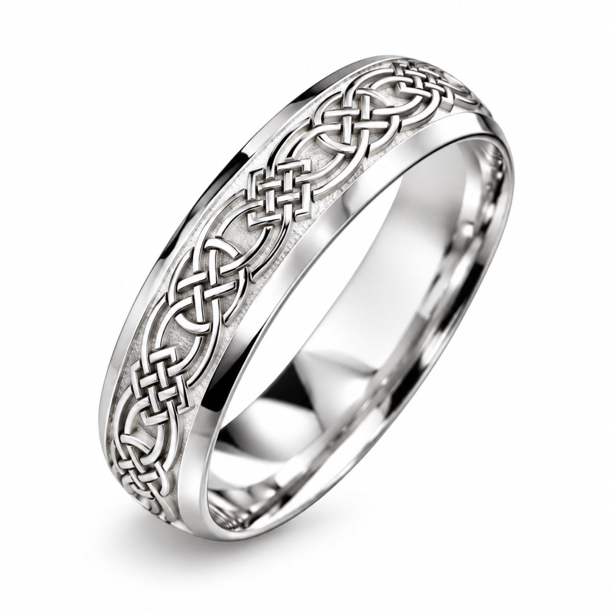A platinum band ring with a polished finish and an engraved celtic pattern.