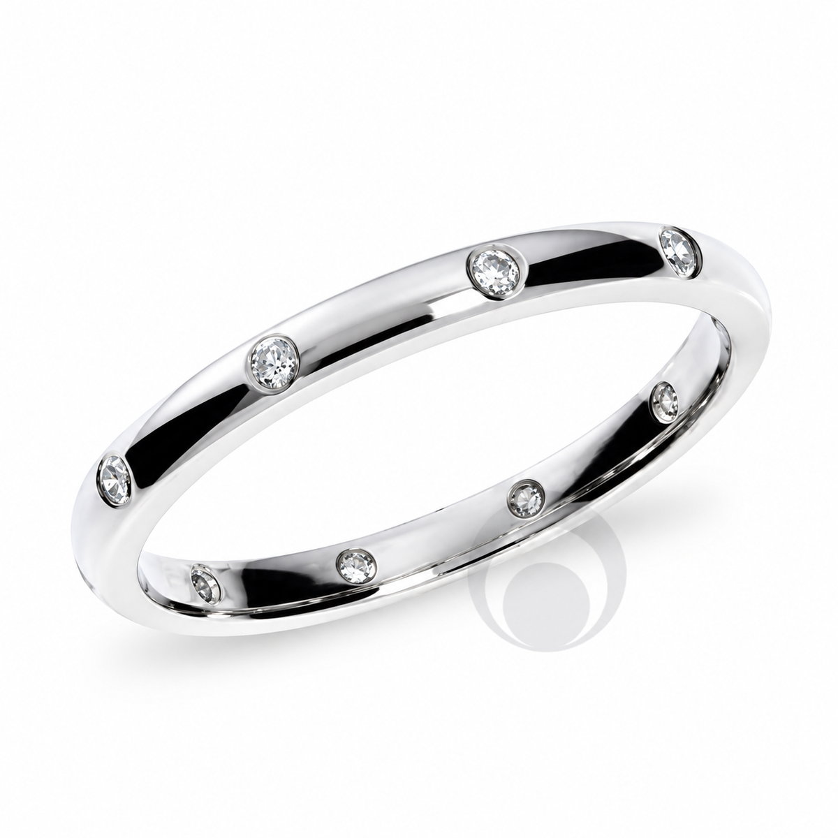 A polished platinum band ring with evenly spaced round-cut diamond gemstones.