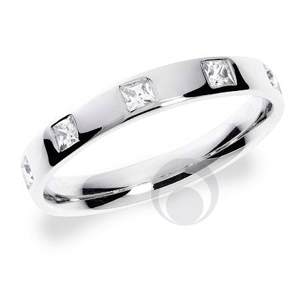 A diamond platinum wedding ring with a princess cut diamond centerpiece, set with smaller round cut diamonds along the band.