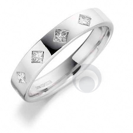 A diamond platinum wedding ring with a polished finish, featuring a princess cut diamond centerpiece.