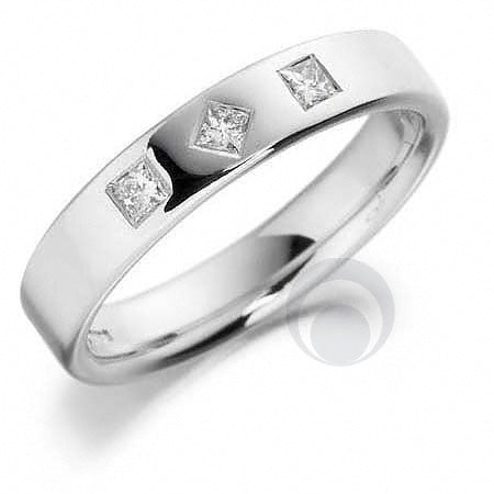 A diamond platinum wedding ring with a polished finish, featuring a princess-cut diamond centerpiece.