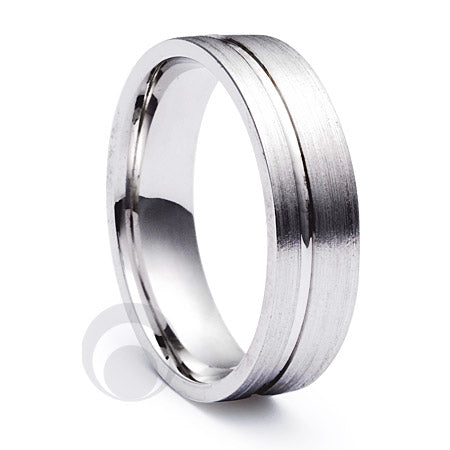 A platinum wedding ring with a brushed satin and polished finish, featuring a concave groove design around the band.