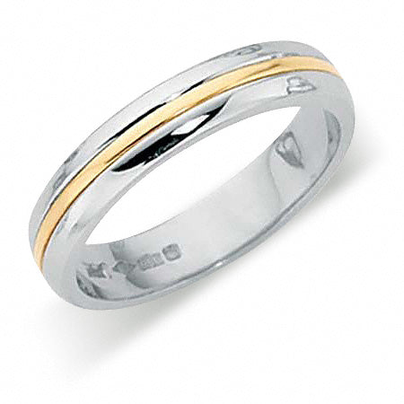 A platinum wedding ring with a chamfered cut line featuring a mix of platinum and 18ct gold bands, with visible hallmarks.