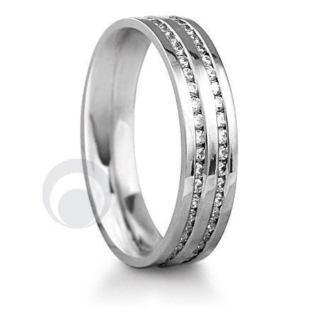 A platinum diamond set wedding ring. Two channels of round cut diamonds set within the ring.