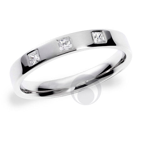 A polished platinum wedding ring set with there princess cut diamonds.