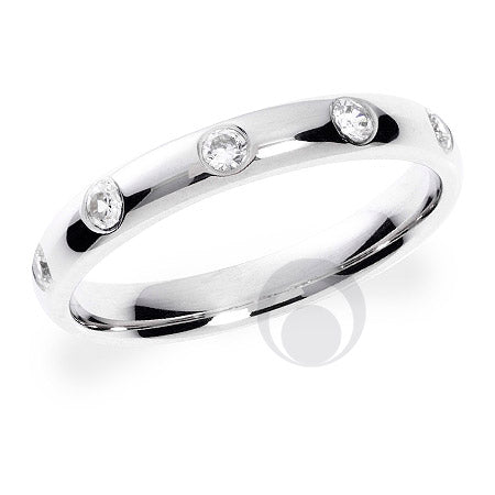 A polished diamond platinum wedding ring with five round brilliant cut diamonds set in the top half of the band.