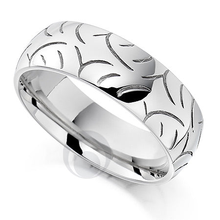 A platinum polished patterned wedding ring.