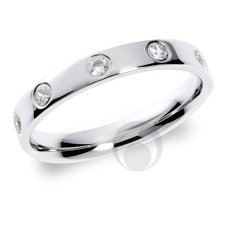 A diamond platinum wedding ring with multiple diamond accents set in a polished finish.