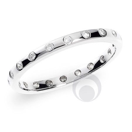 A polished platinum diamond wedding ring with multiple round brilliant cut diamonds set around its circumference.