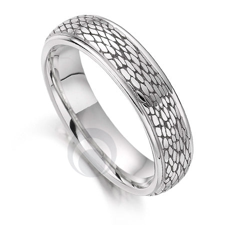 A polished platinum wedding ring with a geometric snake pattern design.
