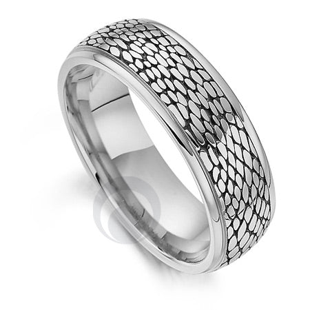 A polished platinum wedding ring with a patterned snake design.
