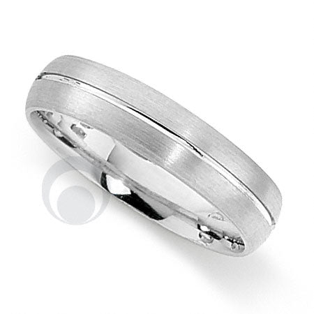 A platinum wedding ring with a centre cut channel with a brushed finish either side.