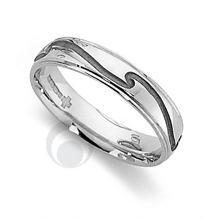 A platinum patterned wedding ring with a scroll centre pattern and a polished finish.