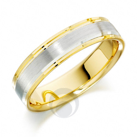 A two-tone wedding ring with a polished and matt finish, featuring a platinum band in the center and gold bands on either side.