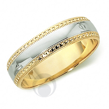 A two-tone platinum and yellow gold wedding ring with a polished patterned finish.