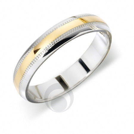 A two-tone platinum and yellow gold wedding ring with a polished finish. Patterned centre work.