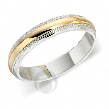 A two-tone platinum and yellow gold wedding ring with a polished finish and millgrain patterned edges.
