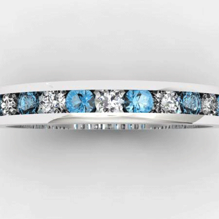 A platinum blue topaz and diamond eternity ring.