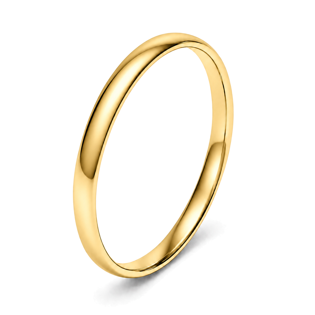 A classic yellow gold wedding ring with a smooth, polished finish, shown at an angle on a clean white background with a soft shadow.