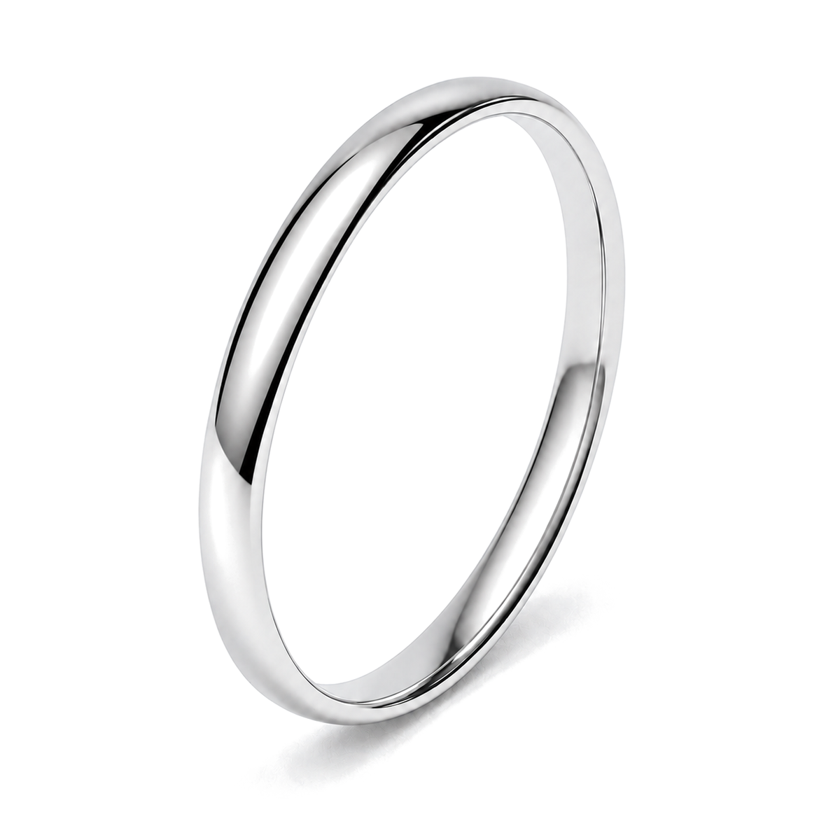 A classic polished platinum wedding ring, shown at an angle on a clean white background with a soft shadow.