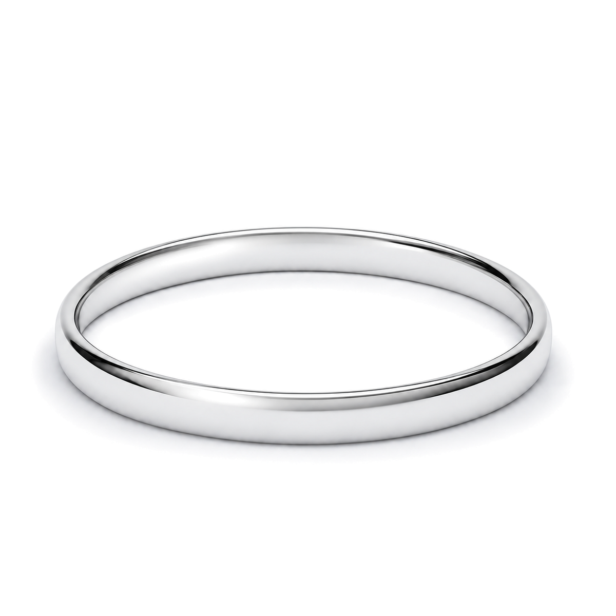 A minimalist, platinum wedding ring  with a smooth, rounded profile, shown on a clean white background.