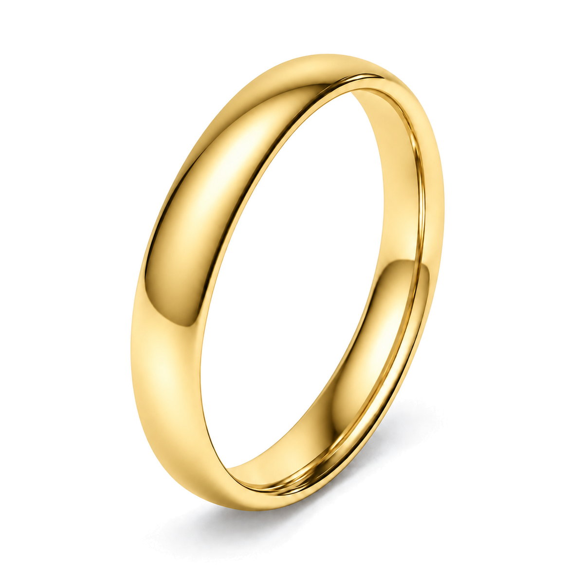 A classic yellow gold dome wedding ring, shown at an angle on a clean white background with a soft shadow.