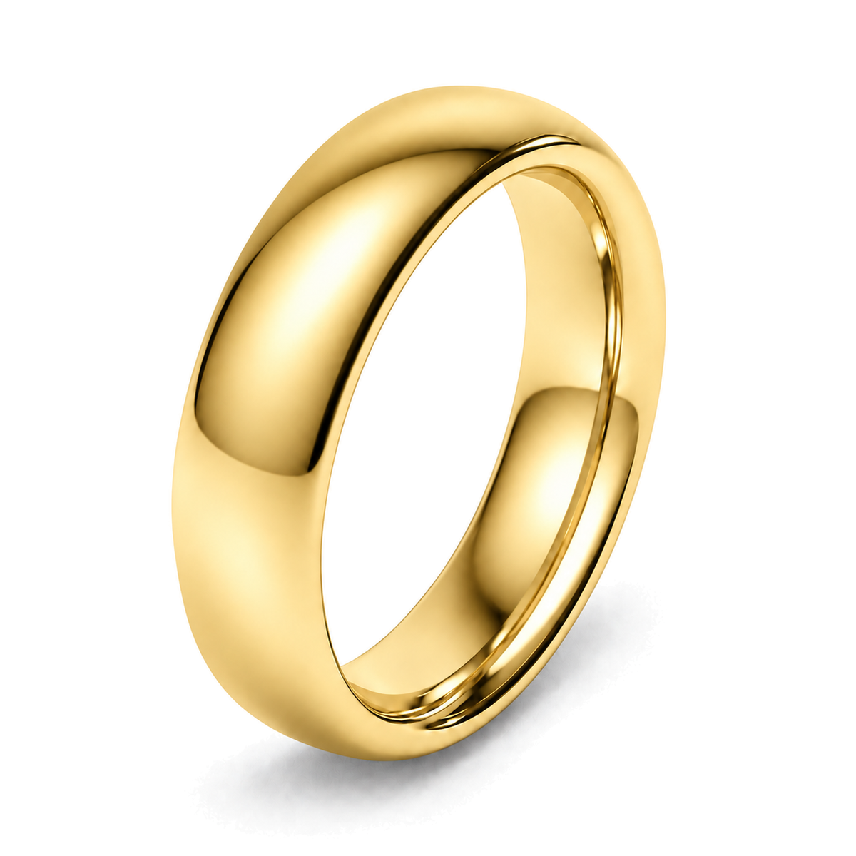 A polished yellow gold wedding ring with a smooth, rounded dome-like top surface, shown on a clean white background with a soft shadow.