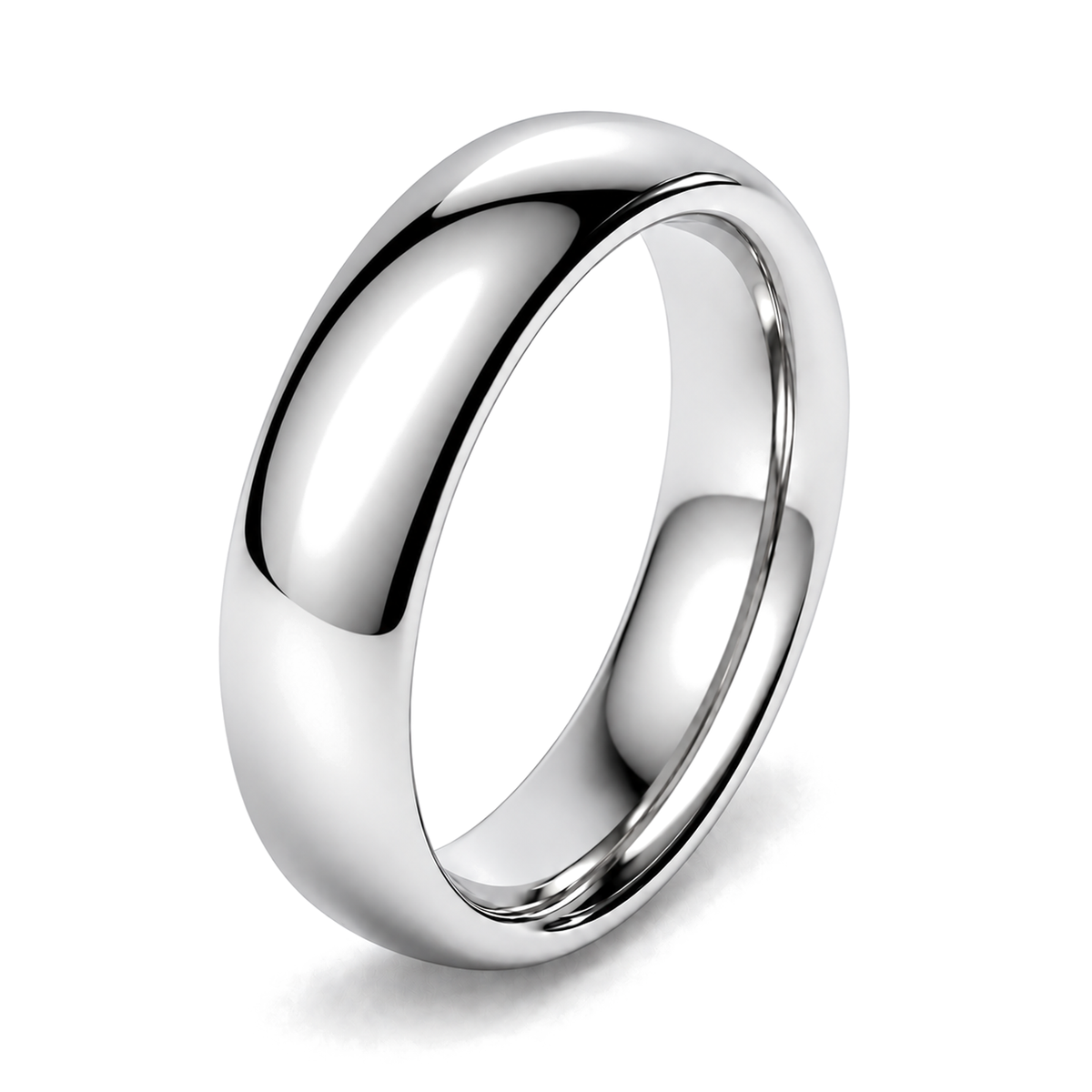 A classic polished court platinum wedding ring shown at an angle on a clean white background.