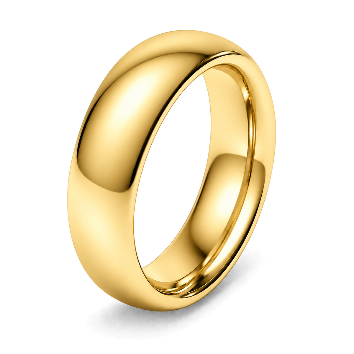 A classic yellow gold dome wedding ring, shown at a three-quarter angle on a clean white background with a soft shadow.