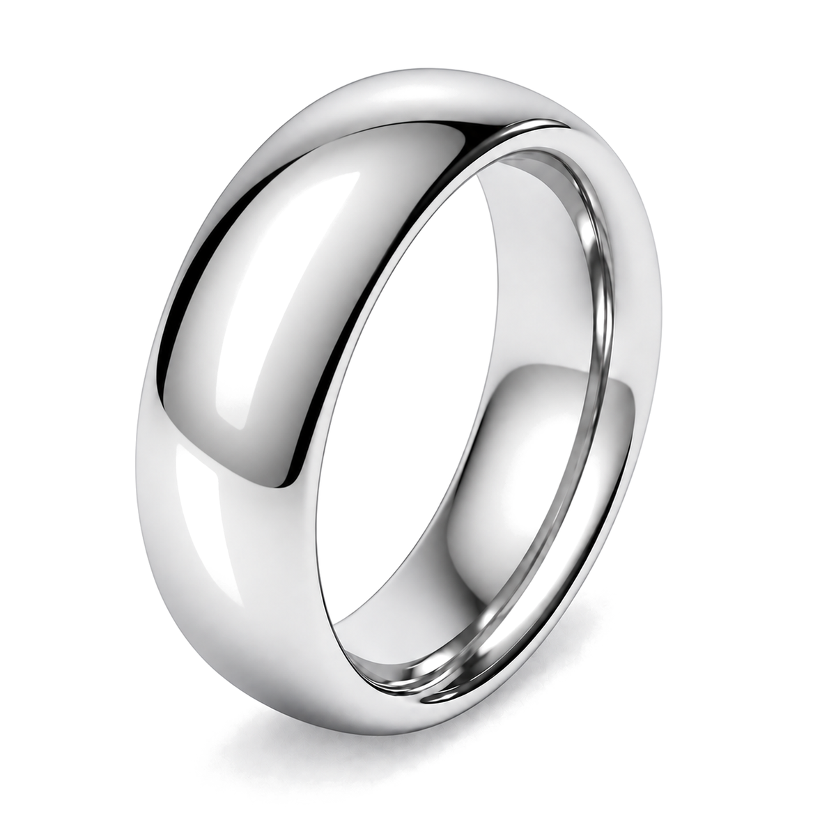 Classic court platinum wedding ring, 8mm in width with a mirror polished finish.