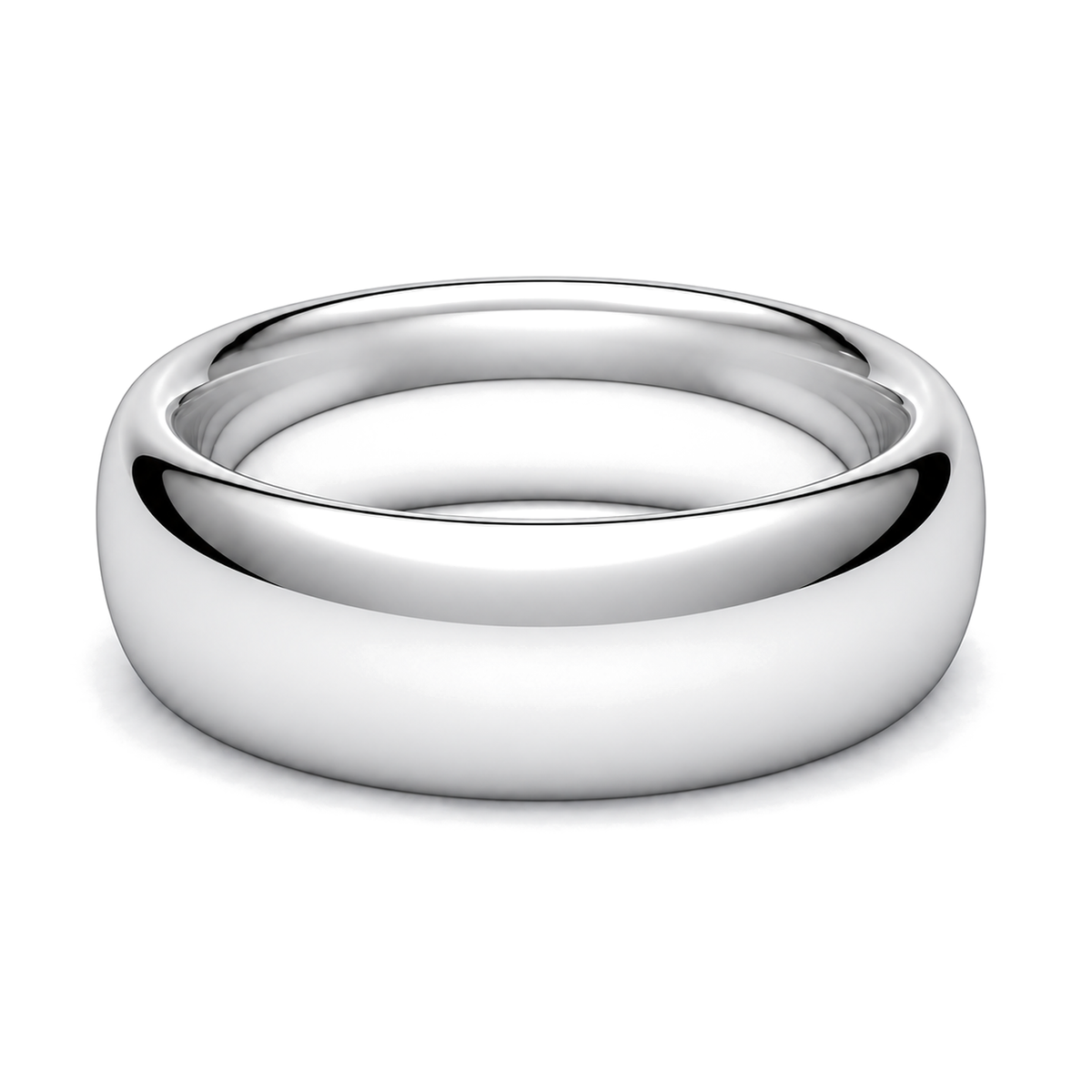 A classic polished platinum wedding ring, commonly used for wedding bands, shown on a clean white background with a soft shadow.