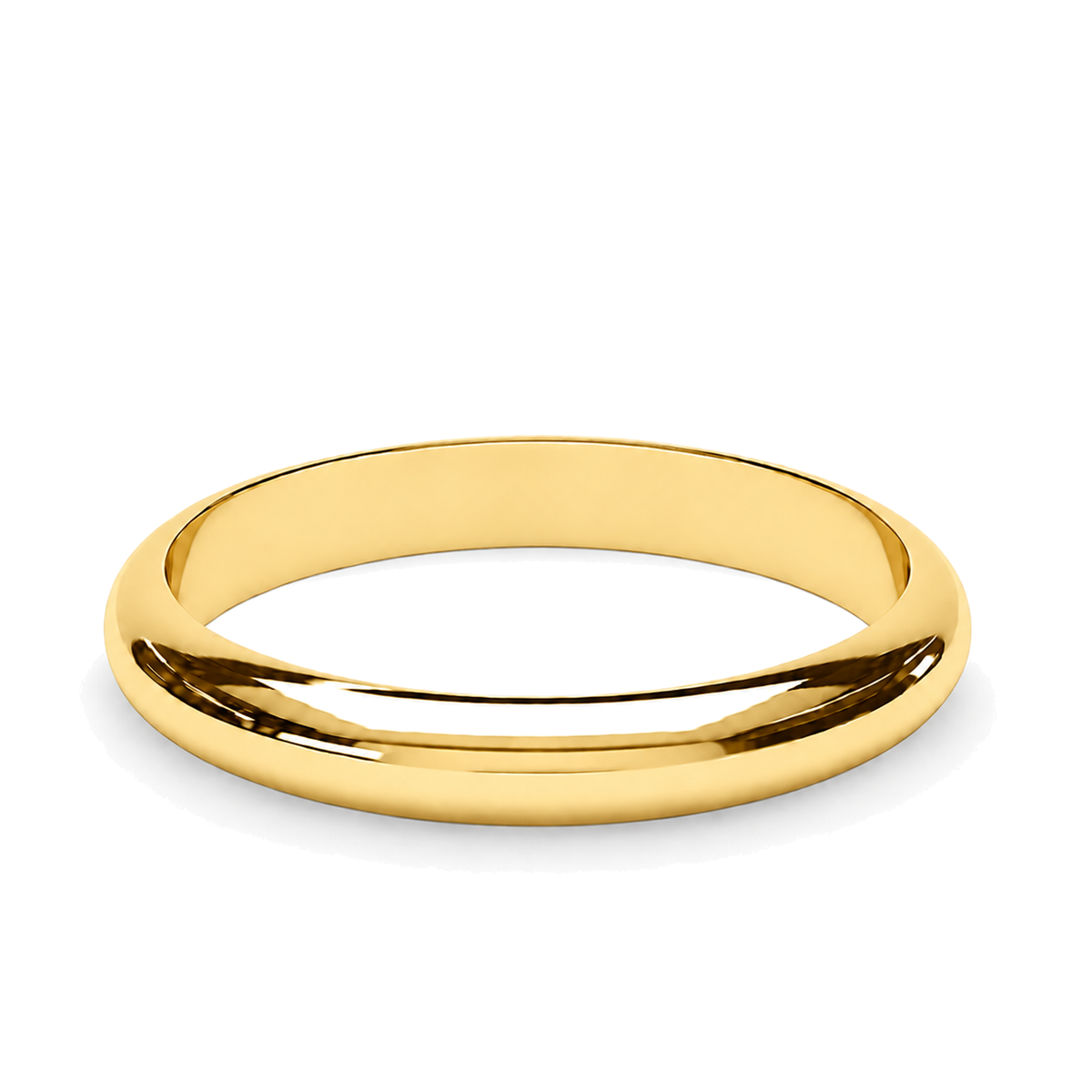 A 3mm yellow gold classic wedding ring with a bright polished finish.