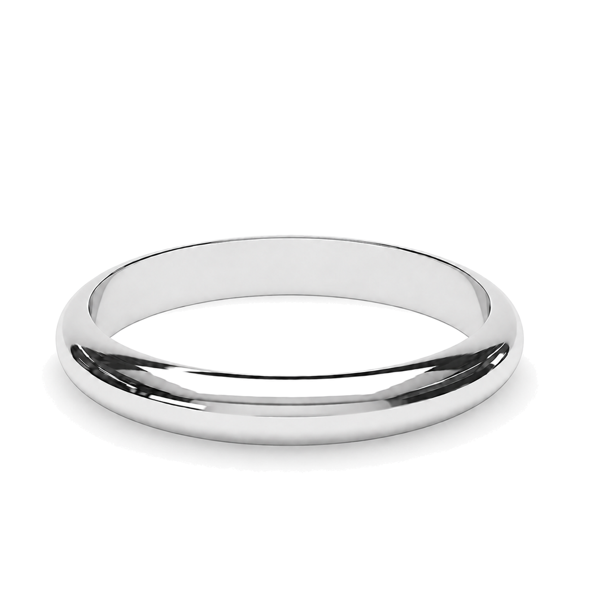 A classic 3mm d-shape platinum wedding ring shown from a three-quarters perspective on a clean white background.