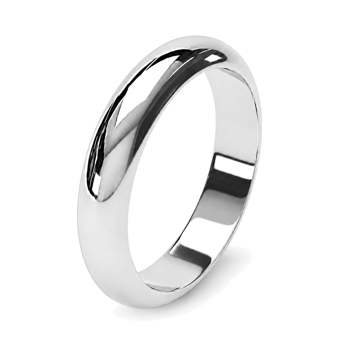 A classic polished platinum wedding ring  shown on a clean white background with a soft shadow.