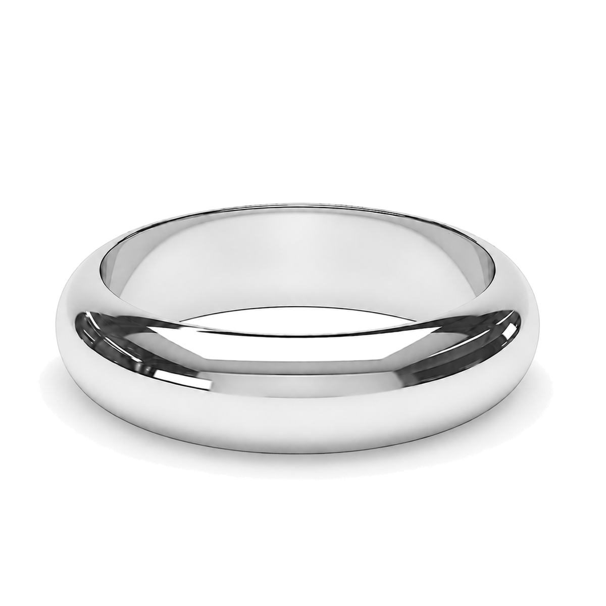 A classic polished platinum wedding ring, shown from a three-quarters perspective on a clean white background.