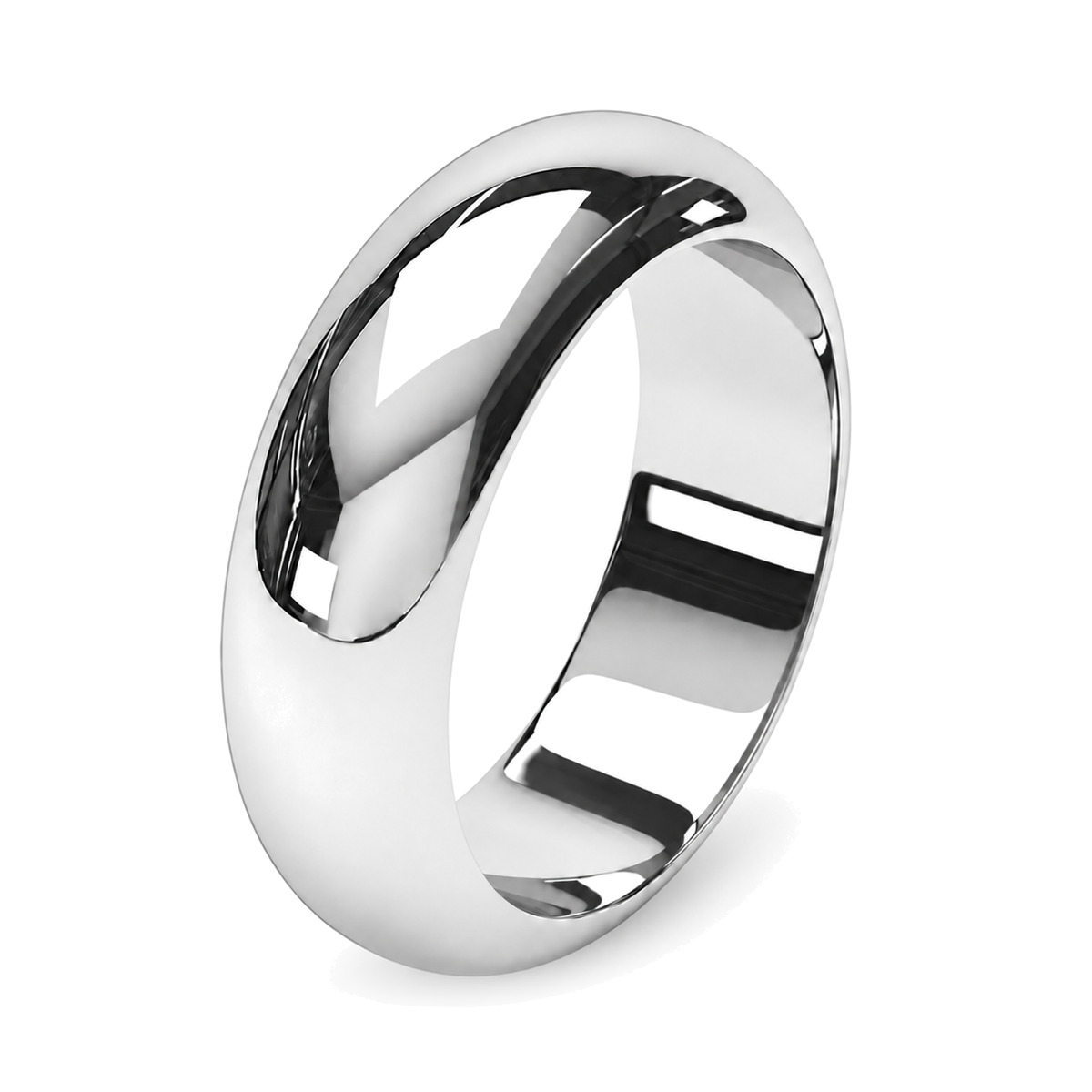 A 6mm wide platinum wedding ring with a bright polished finish.