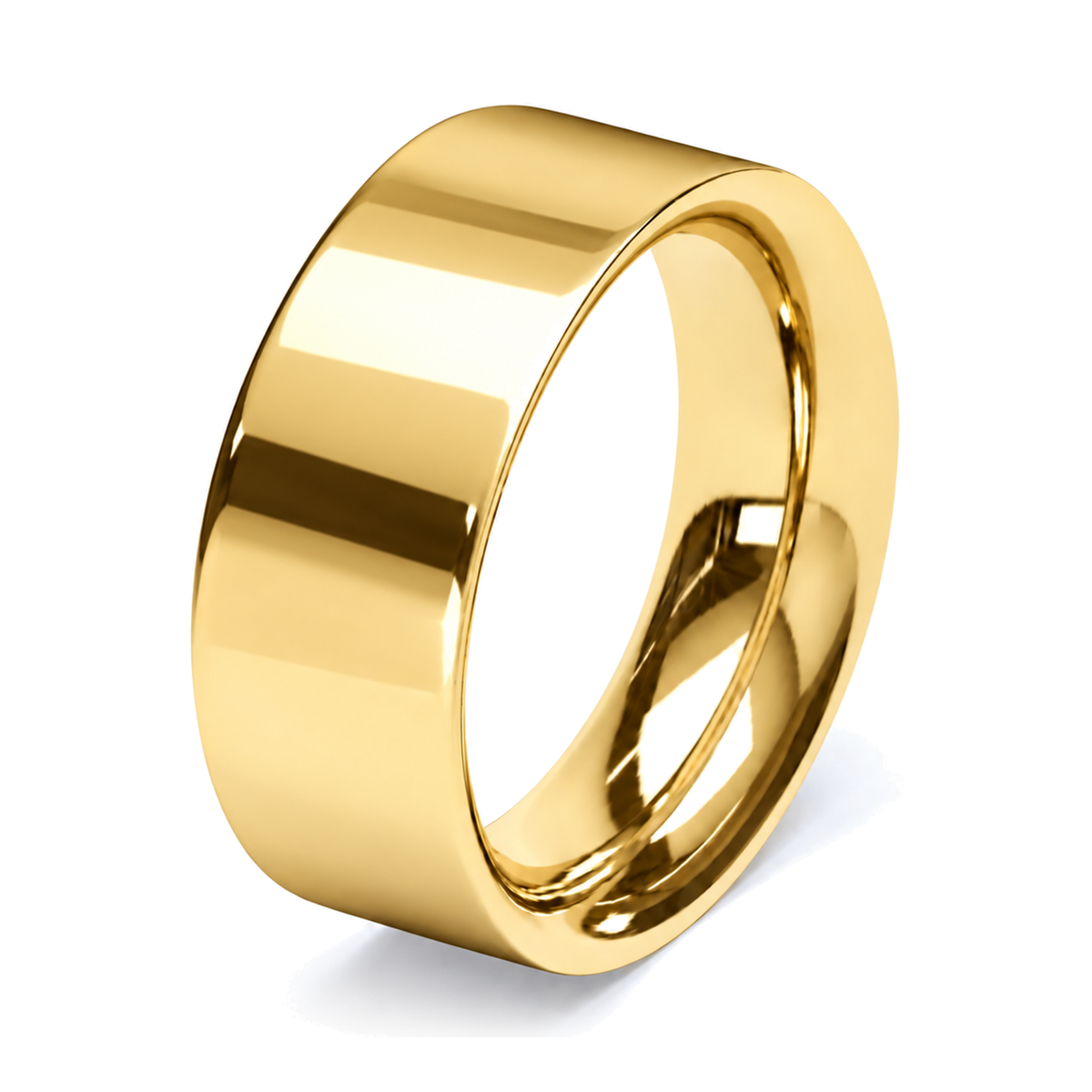A polished yellow gold wedding ring with a wide, rounded profile, shown on a clean white background with a soft shadow.