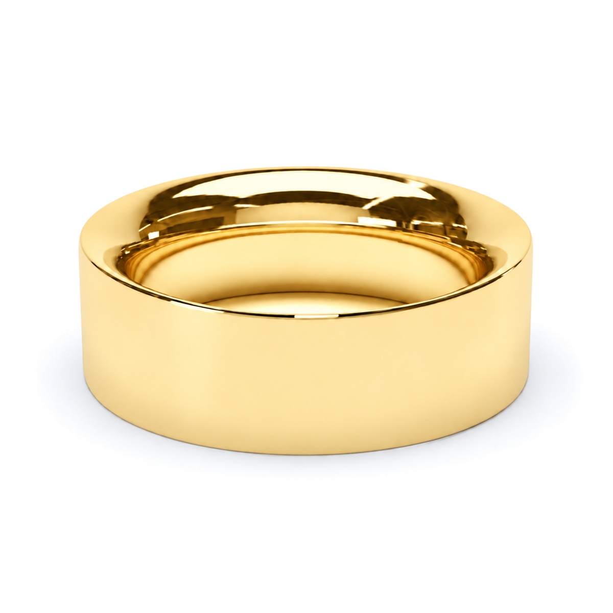 A polished yellow gold wedding ring with a smooth, wide profile, shown on a clean white background.