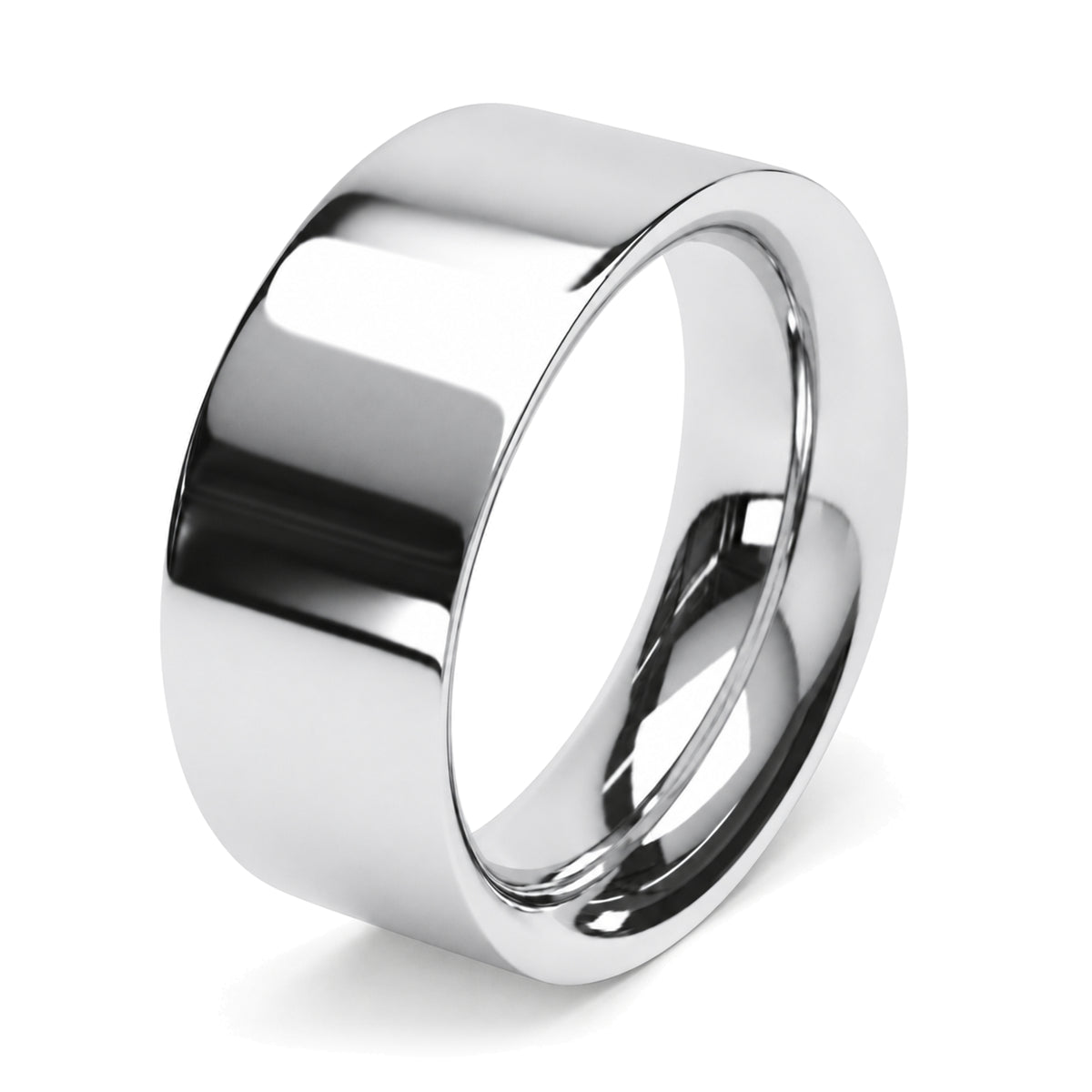 A 10mm polished wide platinum wedding ring.